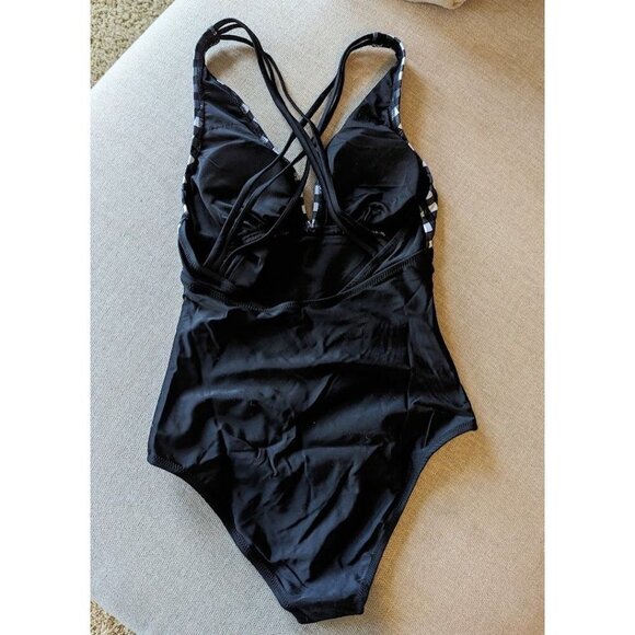 CUPSHE Black Gingham Ruched Criss-Cross Back One Piece Swimsuit Small New - Picture 3 of 4